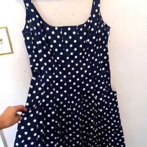 Ralph Lauren sleeveless, navy blue, white polka dot summer dress.